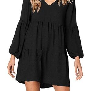 Black V-Neck Tiered Puff Sleeve Mini Dress